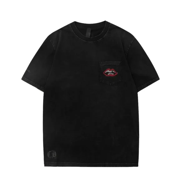 Chrome Hearts black washed adhesive fabric embroidered horseshoe lips short sleeved shirt!The sandblasting process for ready to wear clothing makes