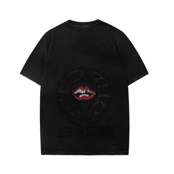 Chrome Hearts black washed adhesive fabric embroidered horseshoe lips short sleeved shirt!The sandblasting process for ready to wear clothing makes - Image 2