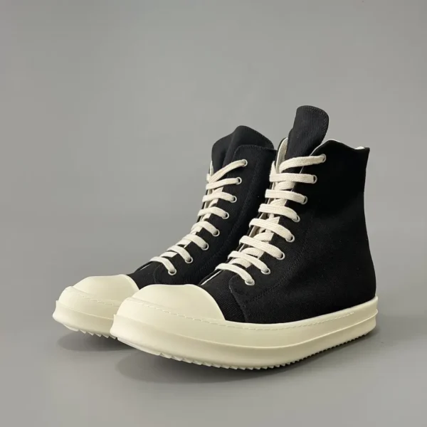 RickOwens DRKSHDW classic striped fabric high top strap with white hair.