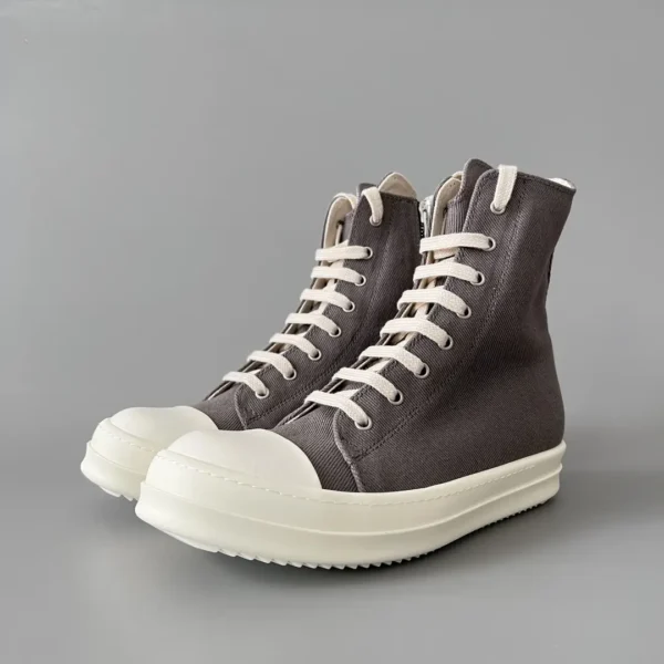 RickOwens DRKSHDW classic gray canvas high top strap with white hair.