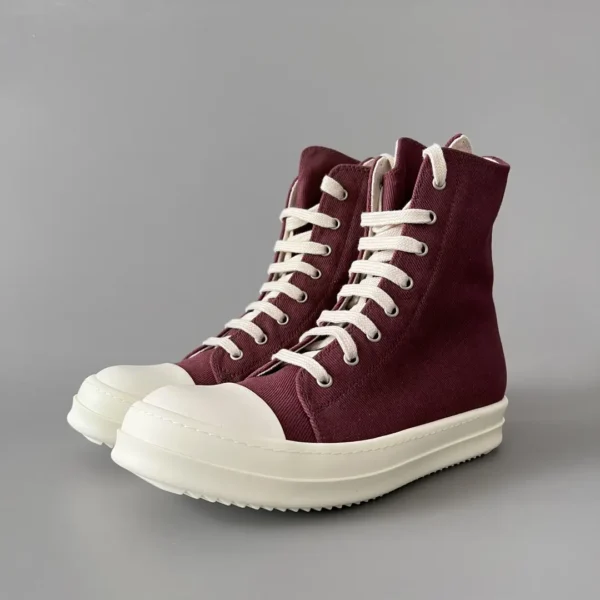 RickOwens DRKSHDW classic deep red canvas high top lace up white hair
