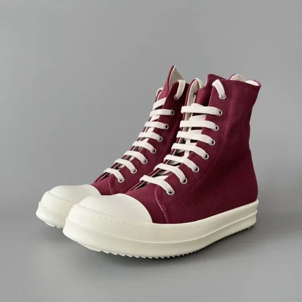 Rick Owens DRKSHDW classic wine red canvas high top lace up white hair.
