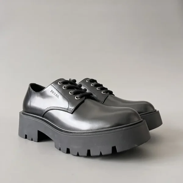 PRADA round toe thick soled lace up leather shoes black men's style - Image 3