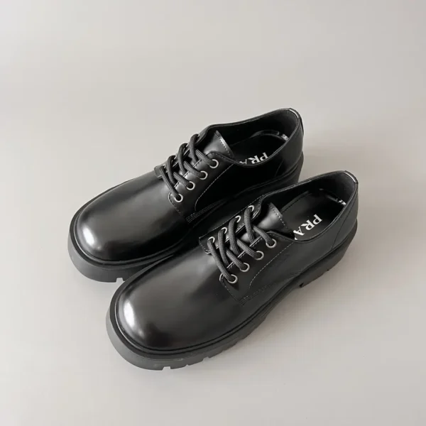 PRADA round toe thick soled lace up leather shoes black men's style - Image 8