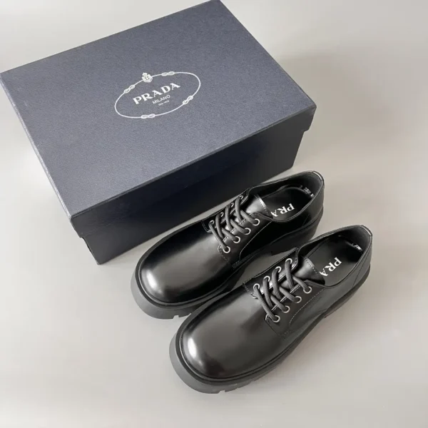 PRADA round toe thick soled lace up leather shoes black men's style - Image 9