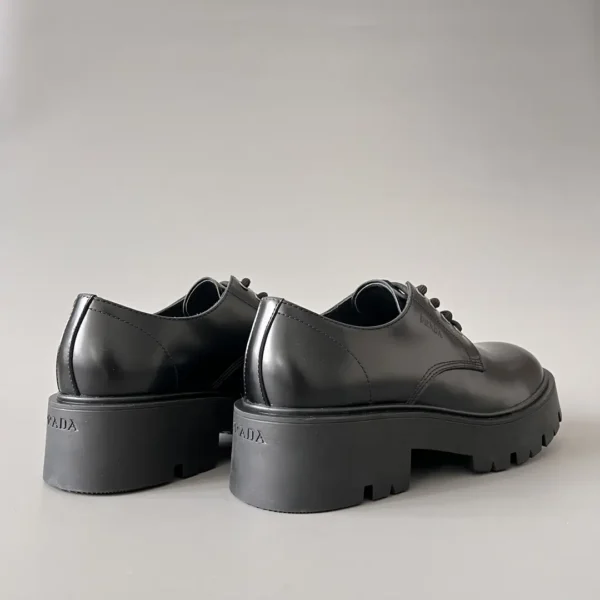 PRADA round toe thick soled lace up leather shoes black men's style - Image 4