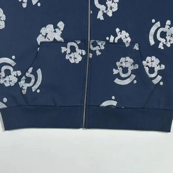Denim Tears Tibetan Blue Hot Silver Flower Zipper Hoodie  0711 - Image 4