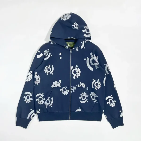 Denim Tears Tibetan Blue Hot Silver Flower Zipper Hoodie  0711